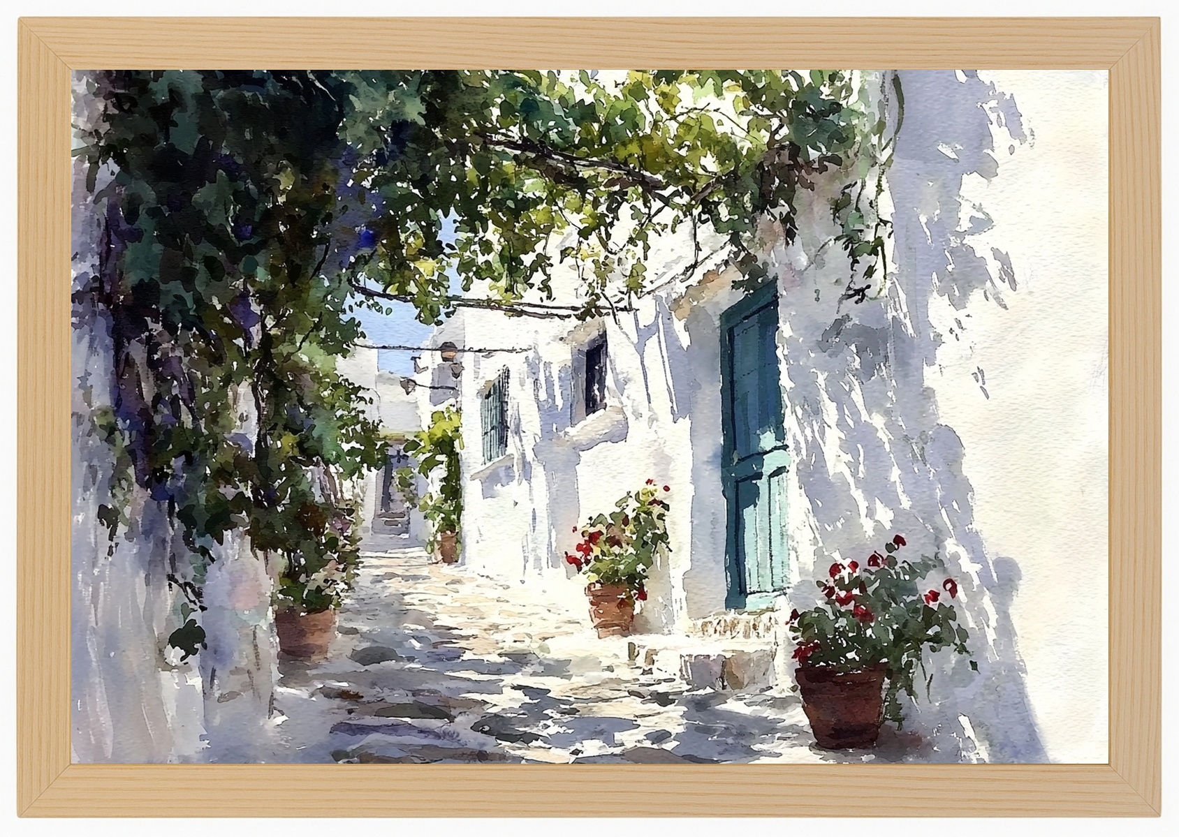 Plakát Rámeček Dřevo Řecko Bílé Domky Květiny Pergola Santorini 93x62