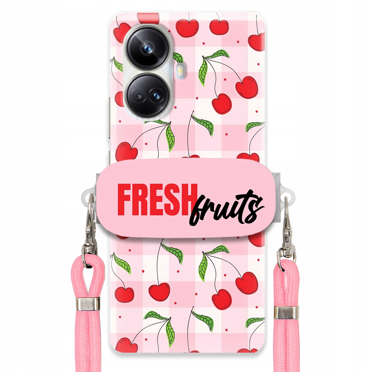 Puzdro pre Realme 10 Pro Plus 5G Case Držiak šnúrok Ružový Fresh Fruits Mriežka