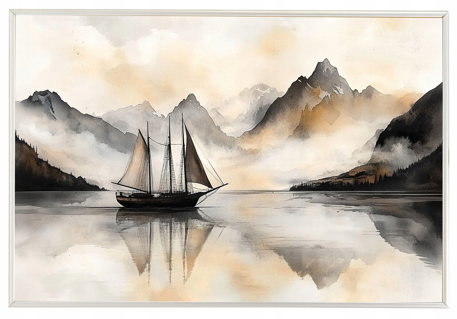 Plakát Rámeček Hliník Asie Krajina Hory Moře Loď Čína Japandi 93x62