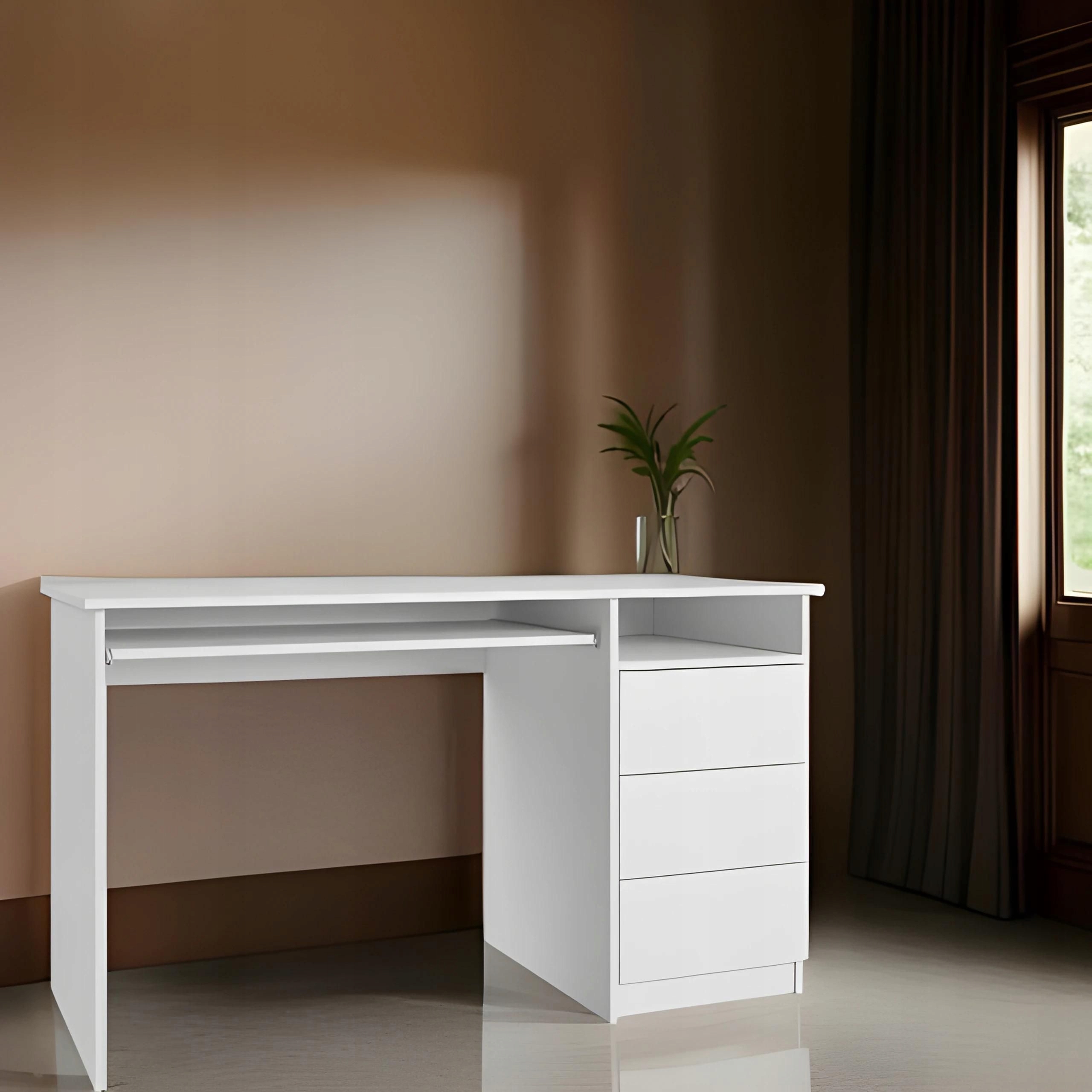 Biurko komputerowe białe 135cm stabilne z szufladami tipon pod laptop Głębokość mebla 60 cm