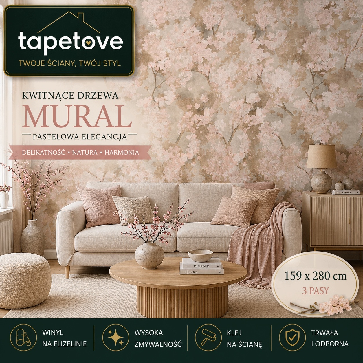 Fototapeta kvetoucí stromy – pudrová růžová a béžová 159 × 280 cm Flizelina – Mural