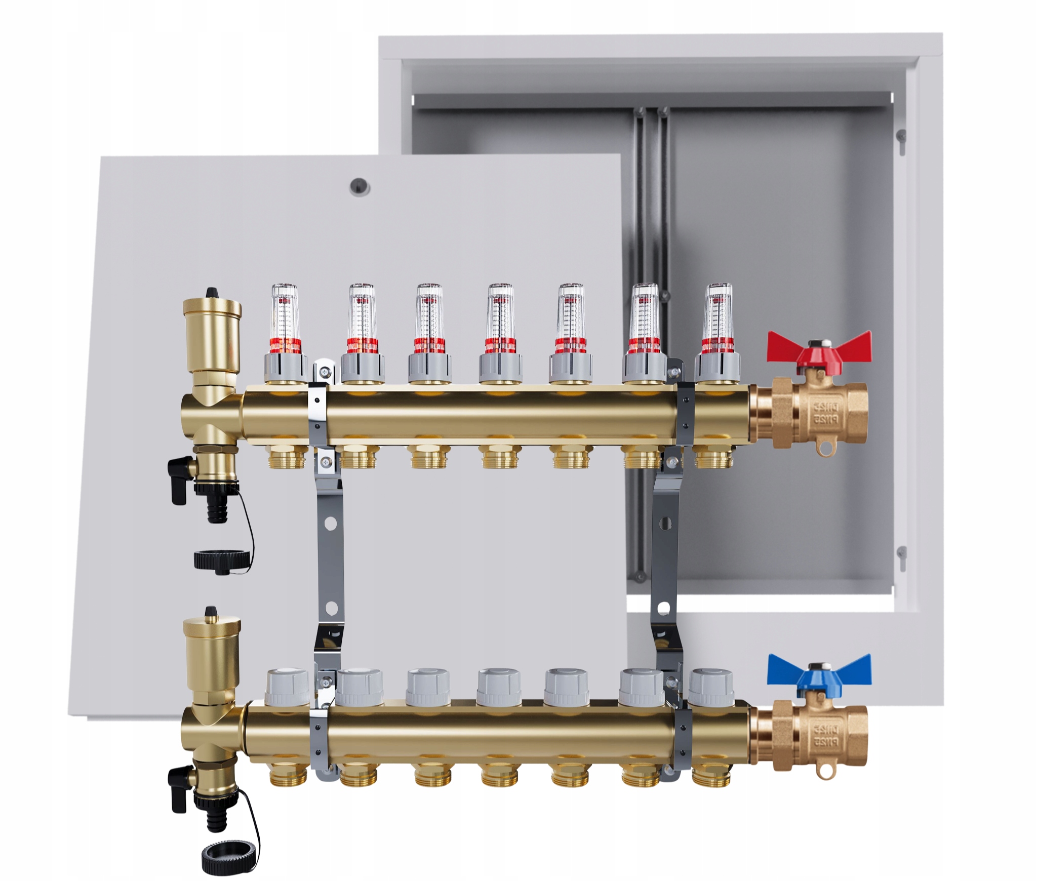 Rozdělovač podlahový mosazný 7 okruhů nástěnná skříňka jednoduchý ventil