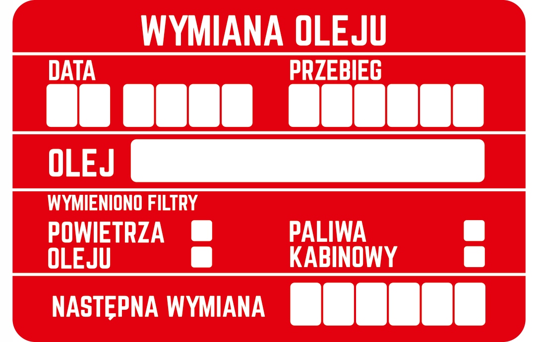 

Naklejki Serwisowe 45szt Wymiana Oleju 9 x 6 cm