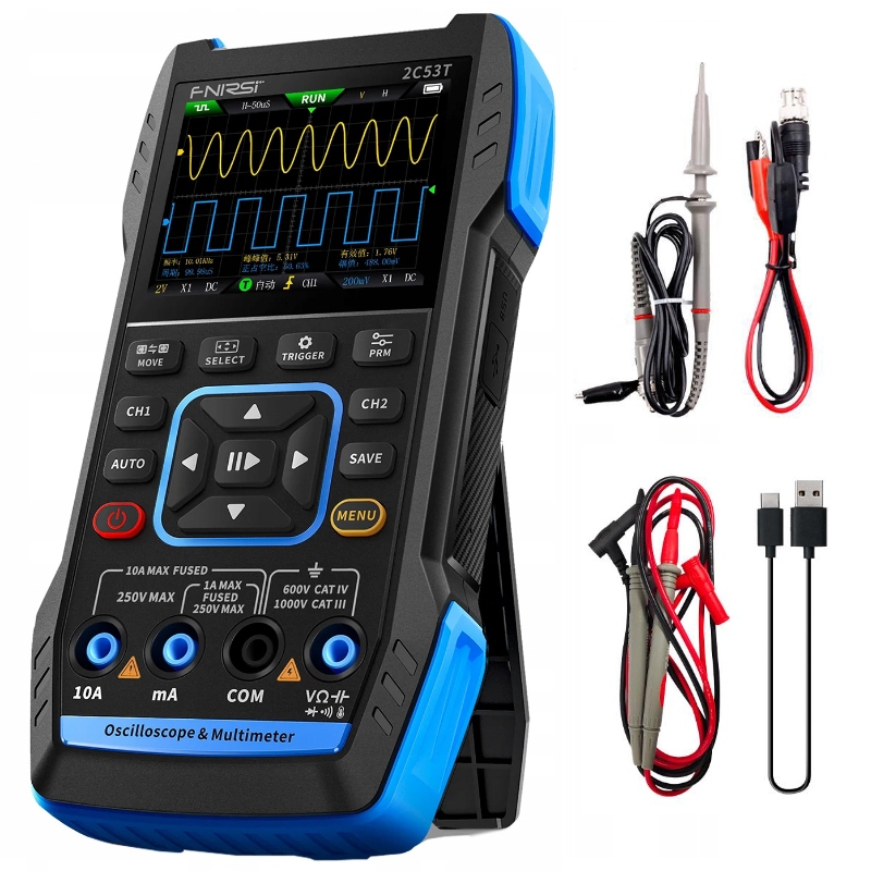 Fnirsi 2C53T Vylepšený osciloskop 3v1: Multimetr, generátor signálu Dds