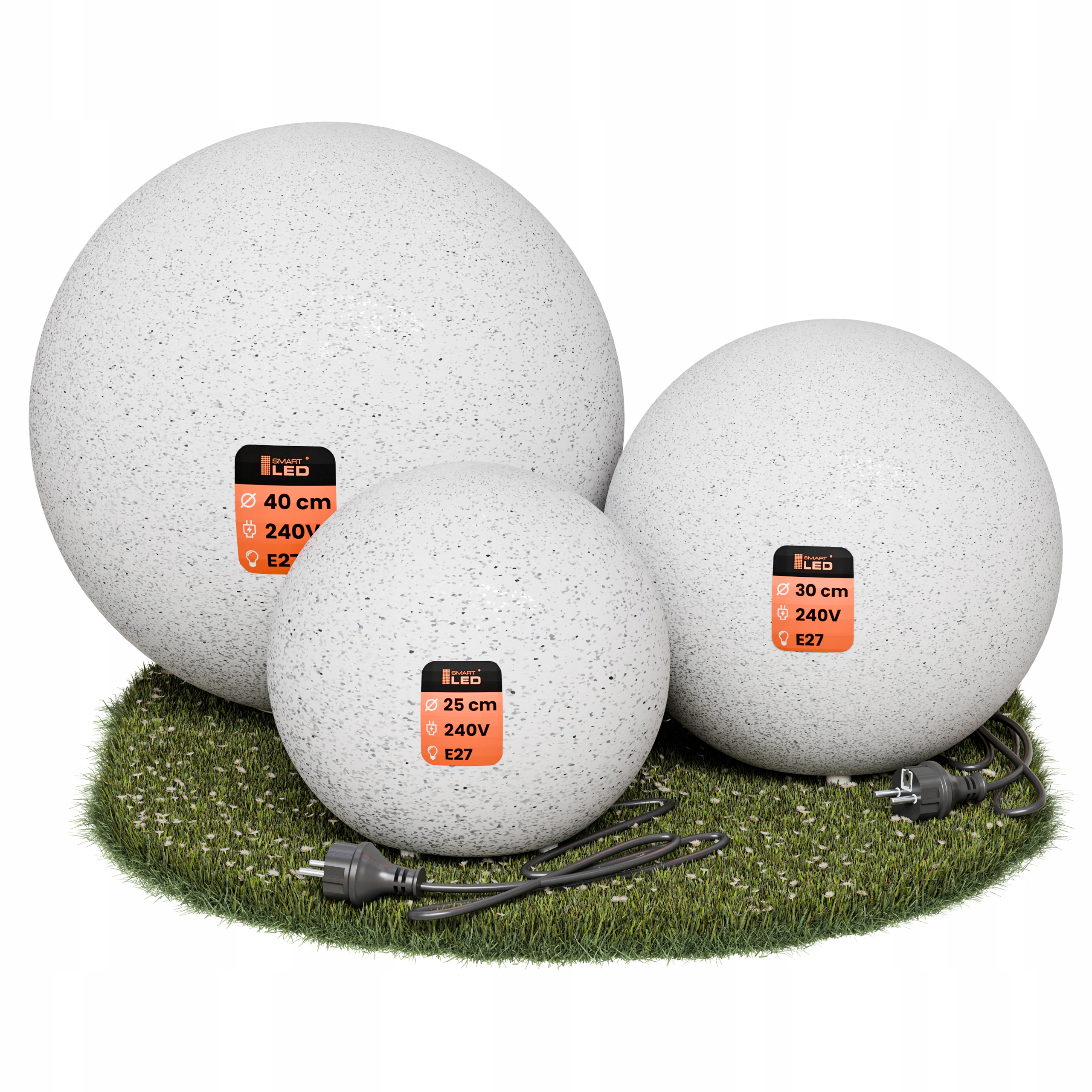 Zestaw 3 sztuk Lampa Ogrodowa Led Kula Do Ogrodu 230V E27 25 30 40 cm
