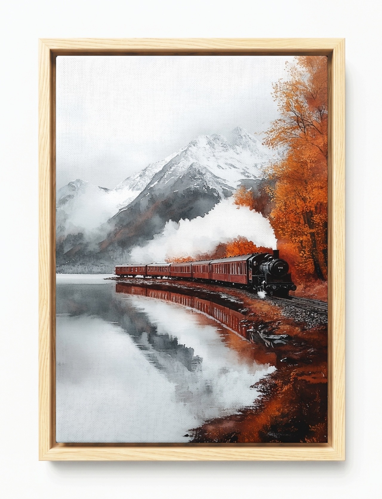 Obraz Rám Americký Box Hory Jezero Železnice Vlak Lokomotiva Parovoz 40x60