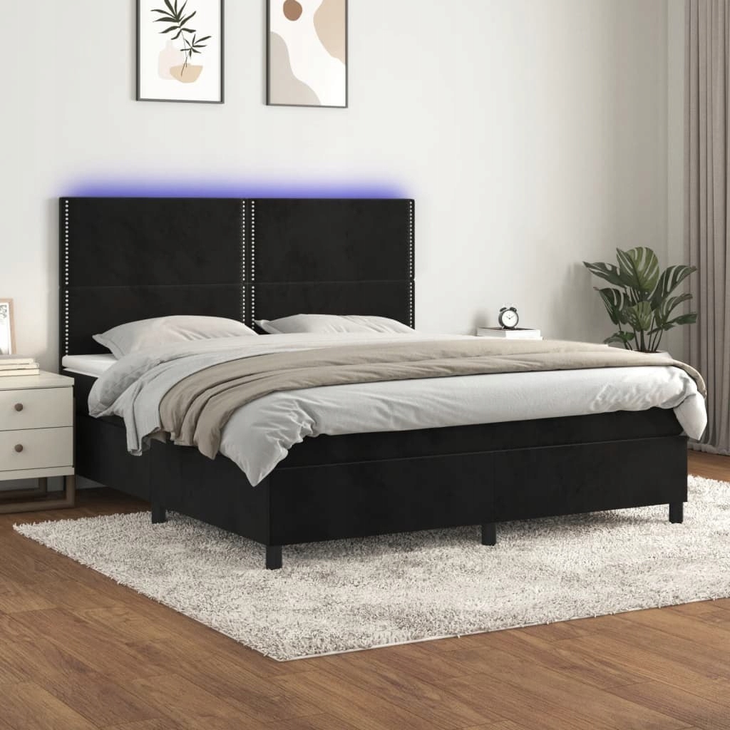 Kontinentální postel s matrací a Led, černá samet 180 x 200 cm