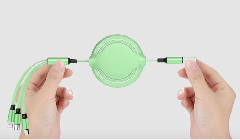 Kabel usb do ładowania smartfonów zwijany USB micro/Lightning/USB-C Kolor zielony