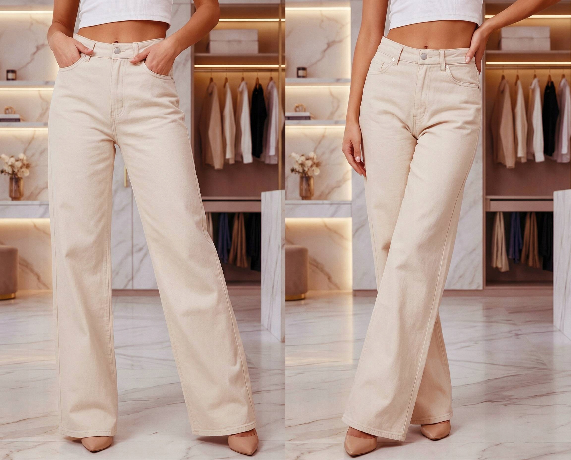 Spodnie Damskie Jeansy Szwedy Szerokie Nogawki Beżowe Wide Leg Elastyczne