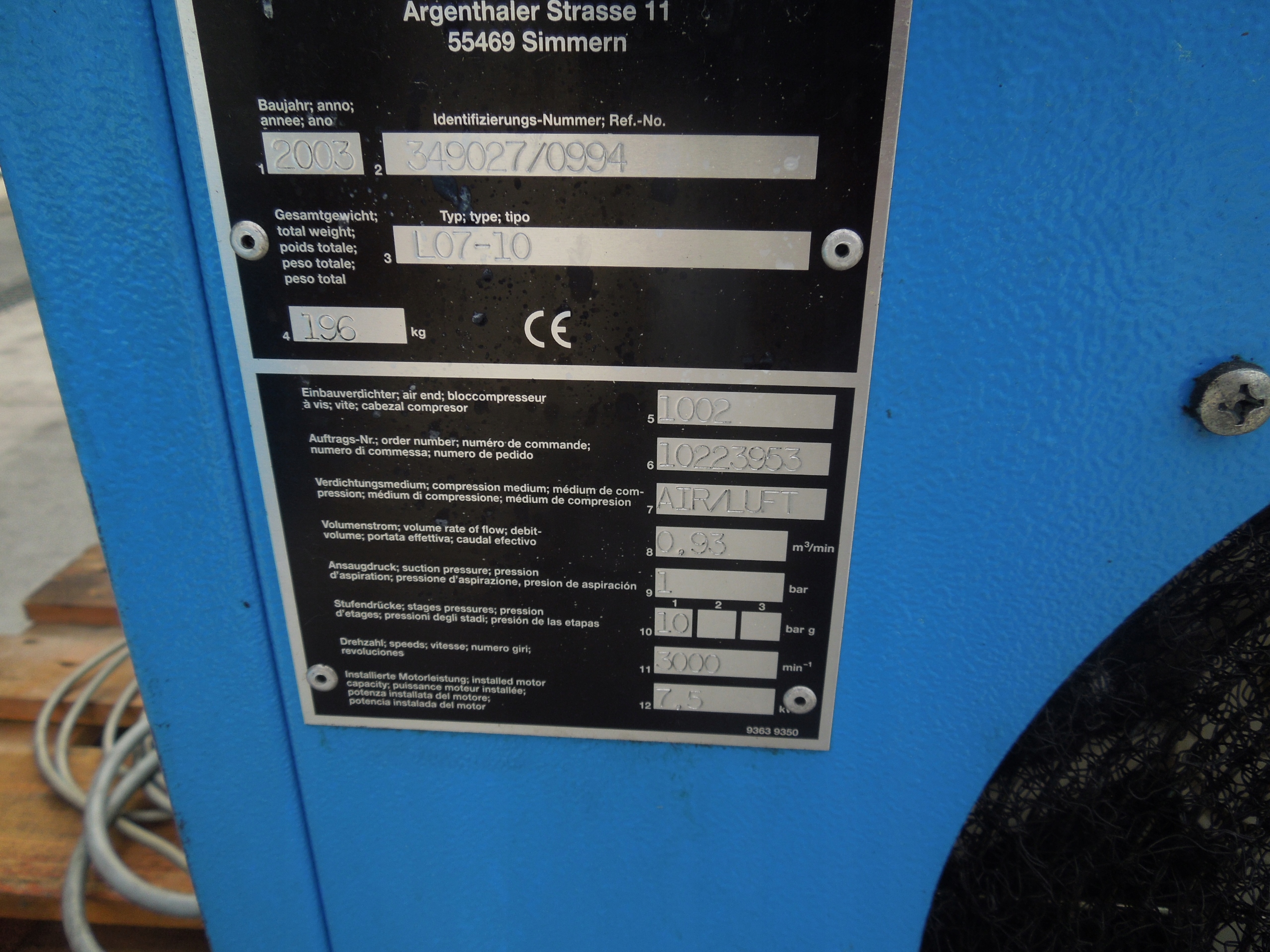 SPRĘŻARKA ŚRUBOWA COMPAIR L07 7,5KW Kod producenta Compair