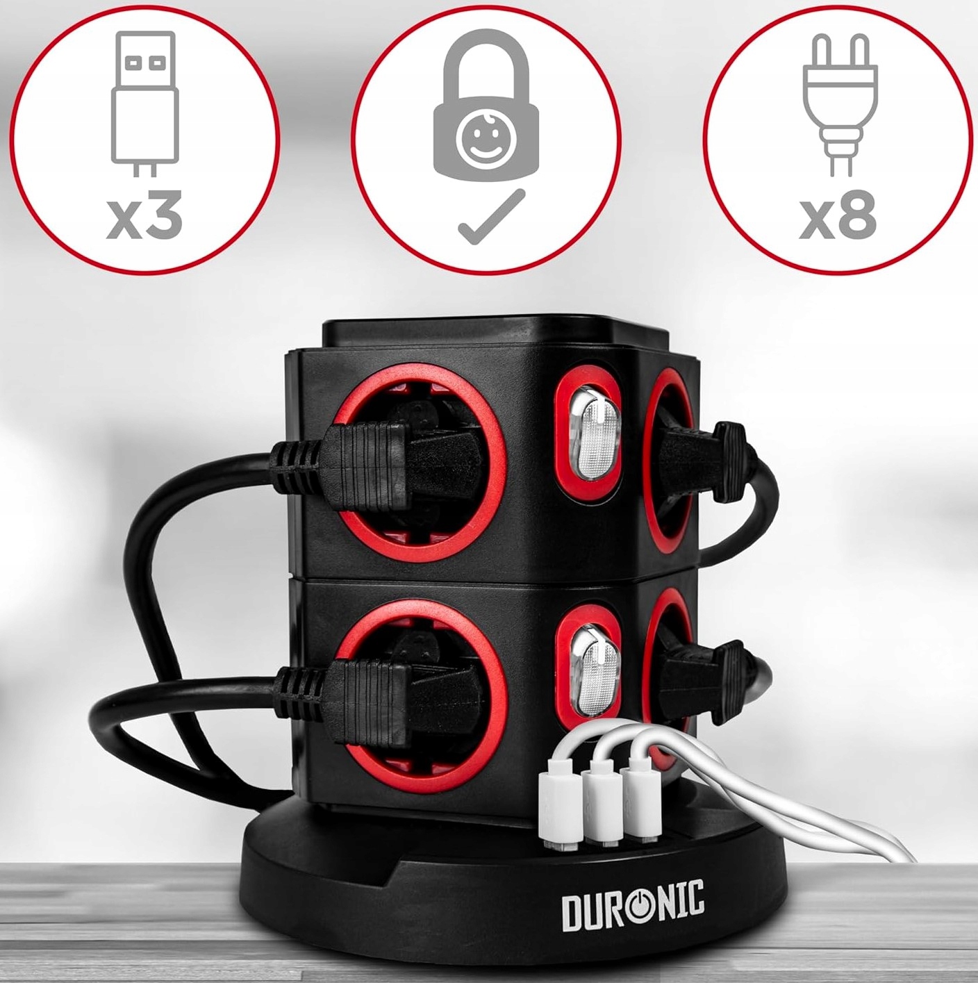 LISTWA ANTYPRZEPIĘCIOWA 11w1 8 GNIAZDEK 3 USB + SZYBKA ŁADOWARKA INDUKCYJNA Model ET8W