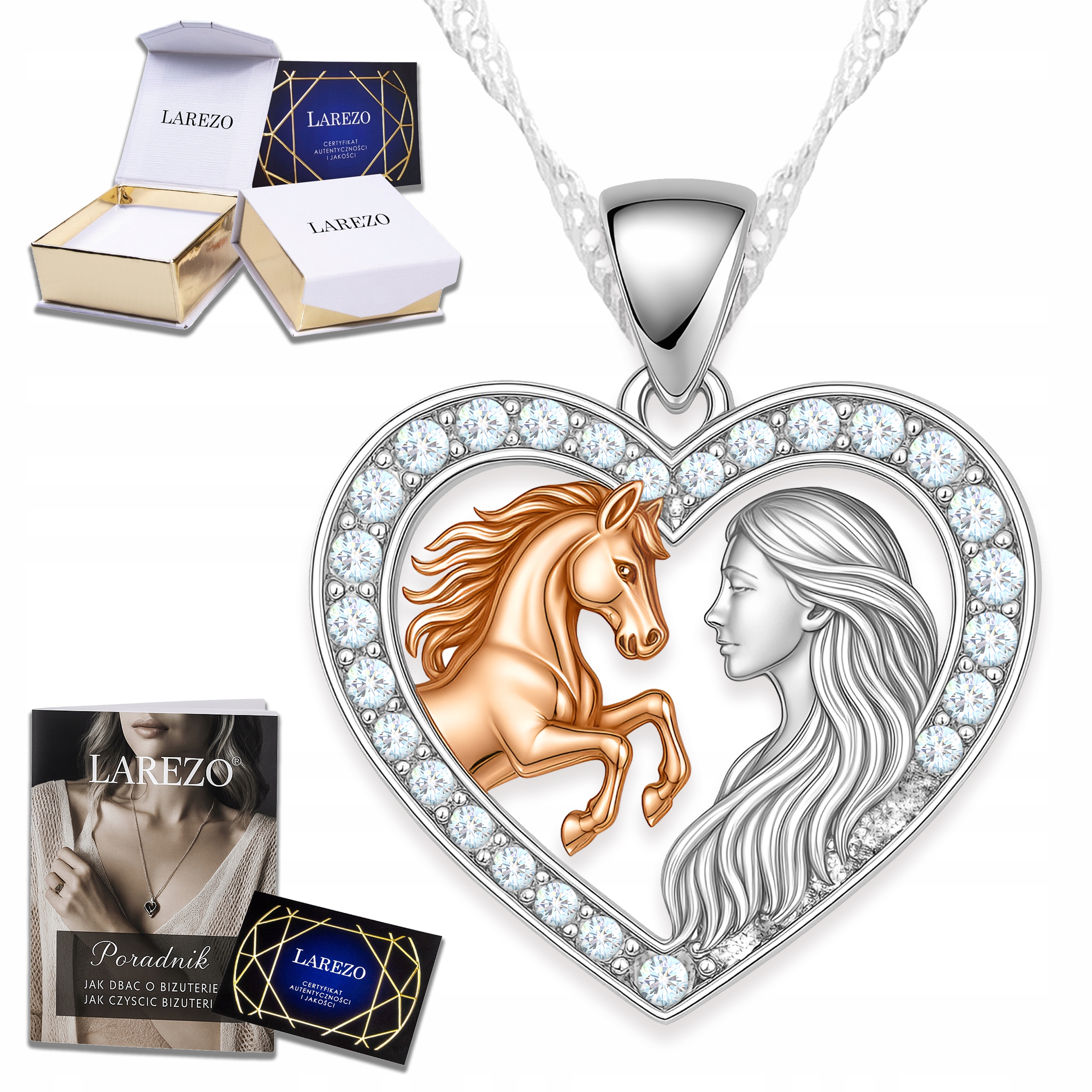 Stříbrný Náhrdelník Dívka s Koněm Srdce se Zirkony Stříbro 925
