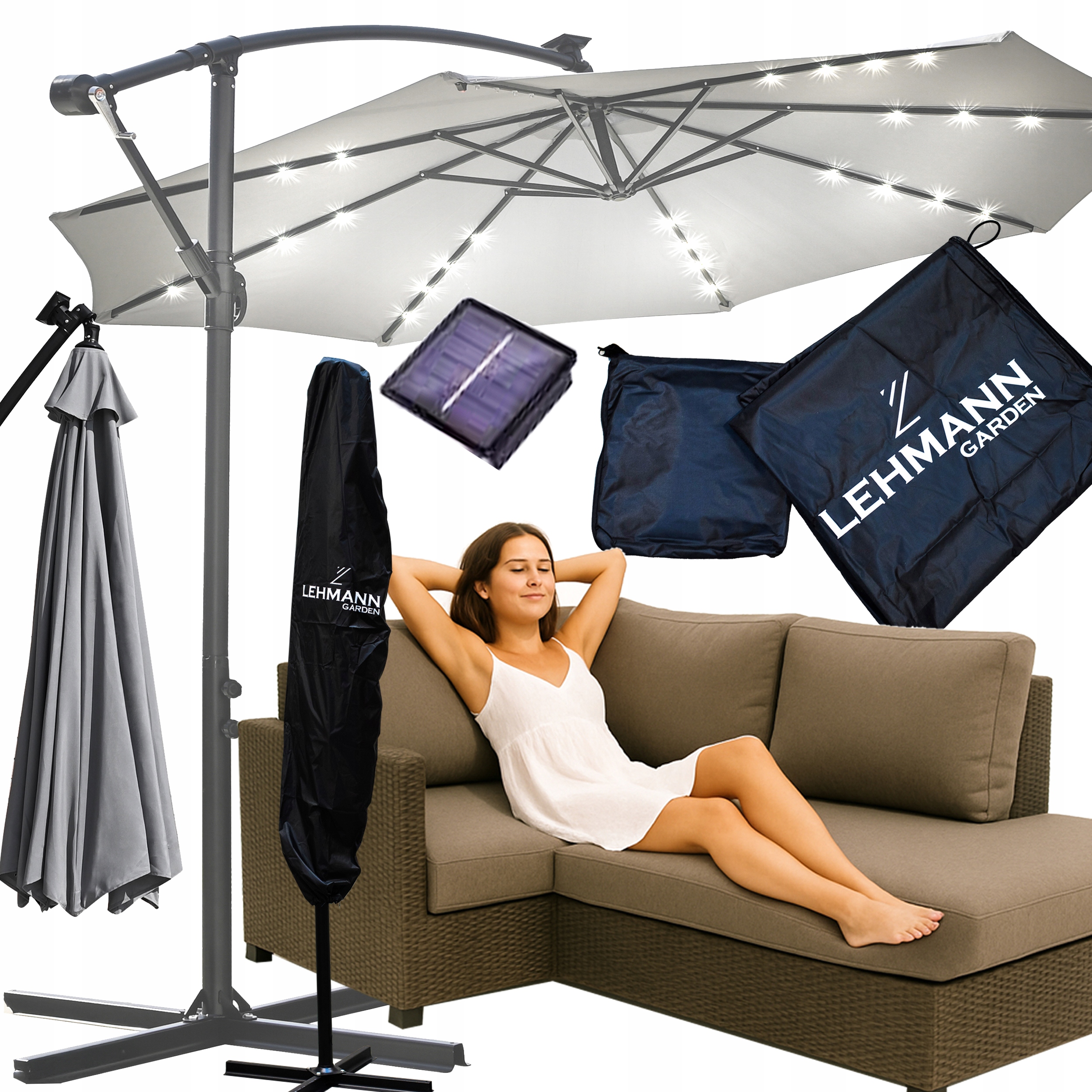 Parasol ogrodowy Duży Składany Solidny z Wysięgnikiem Lampki Solarne Led