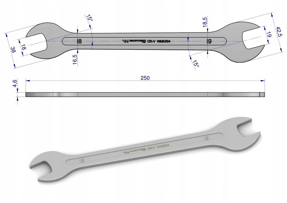 Klucz ultra płaski 18 x 19 mm, CrV Waryński Marka Waryński