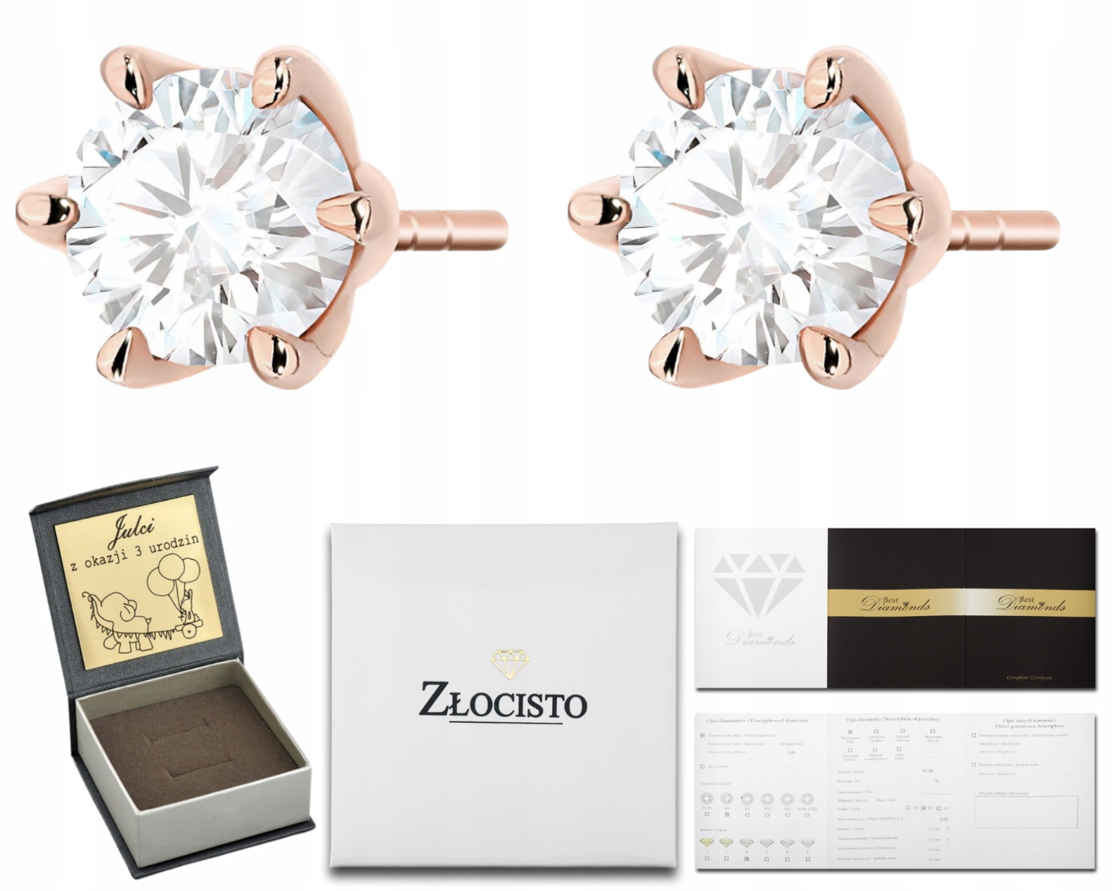 Náušnice S Diamanty A Brilianty, Růžové Zlato 585, 1,40 KArátu Dárek Gravírování