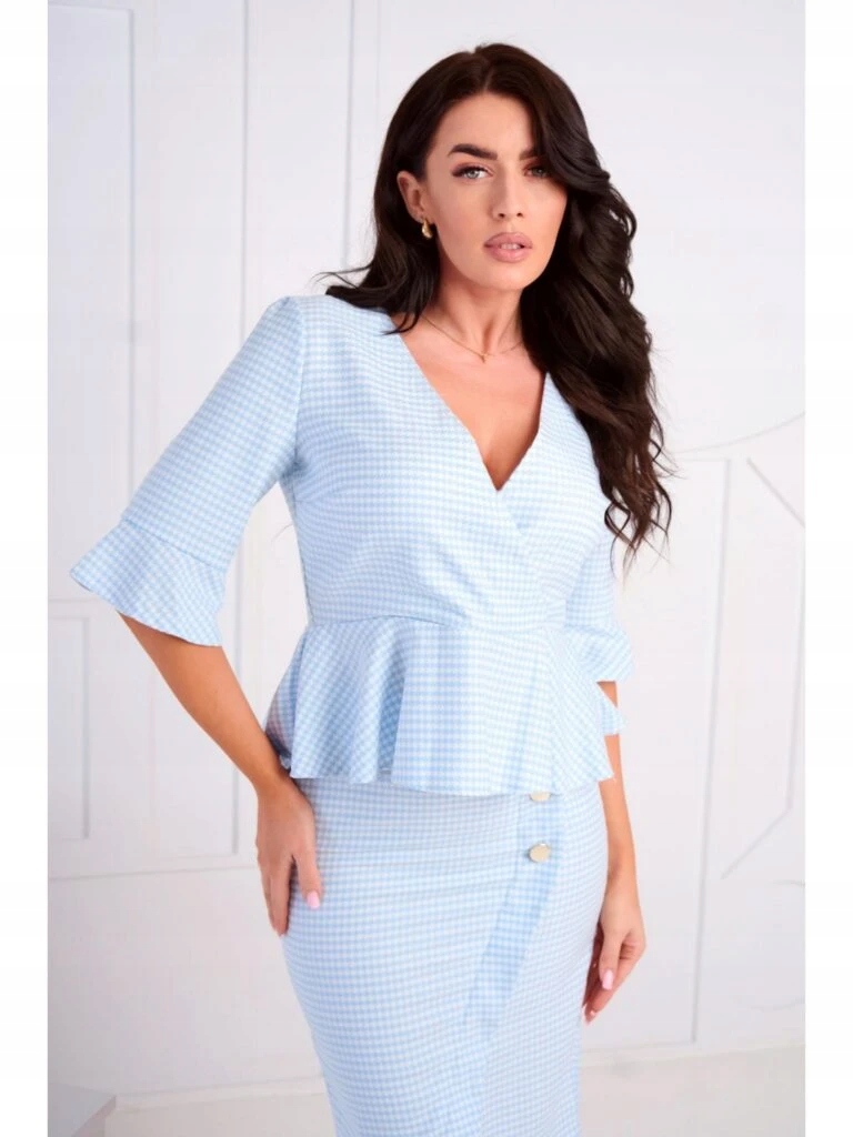 Elegantní komplet halenka se sukní S pepitka světle modrá