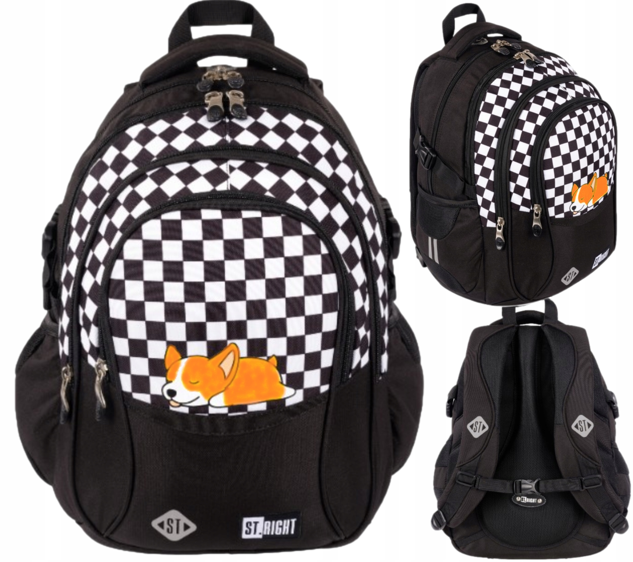 PLECAK SZKOLNY MŁODZIEŻOWY ST.RIGHT DLA DZIEWCZYNKI KRATKA Sleppy Corgi