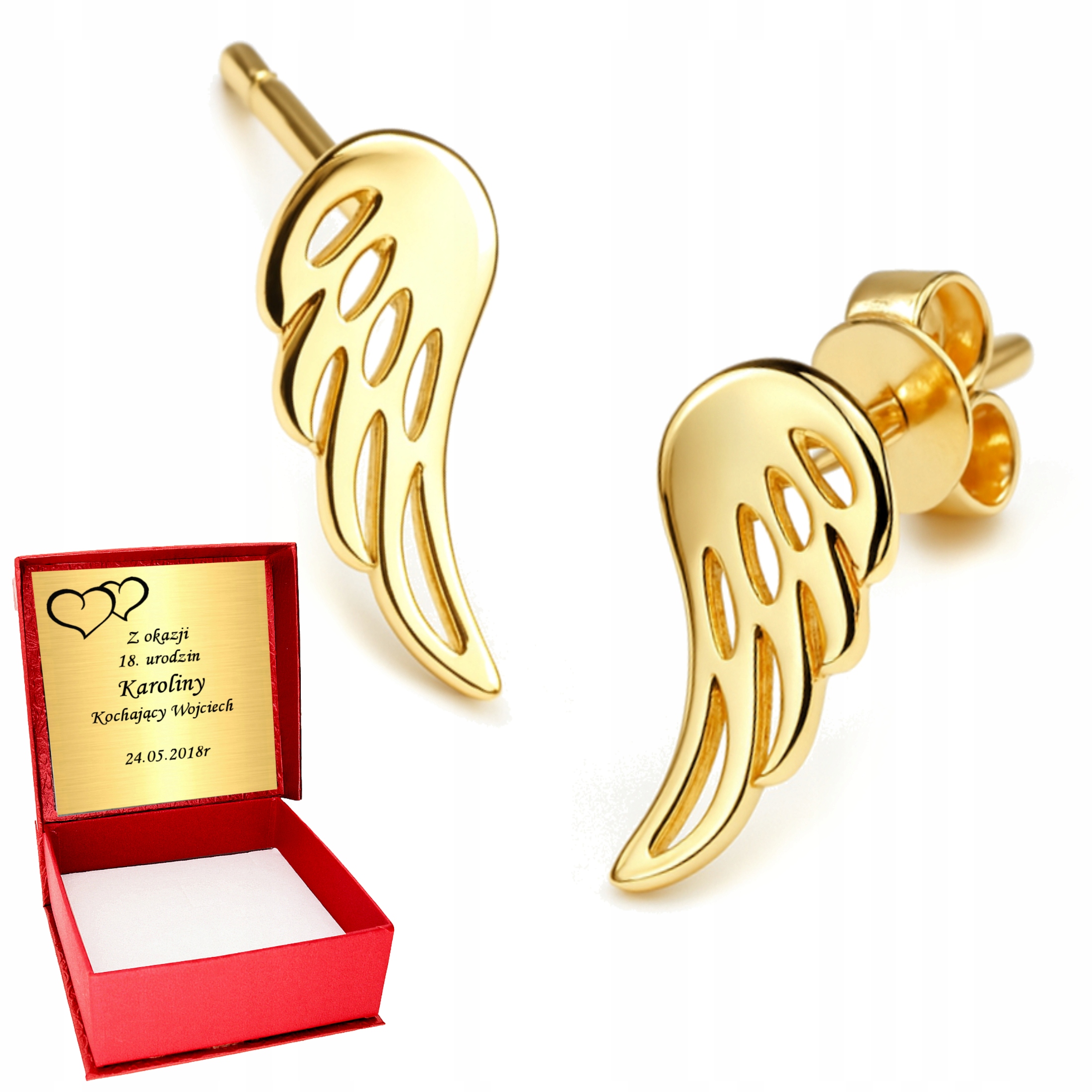 Złote Kolczyki 333 Skrzydła Anioła dla Kobiety Dzień Mamy Grawer