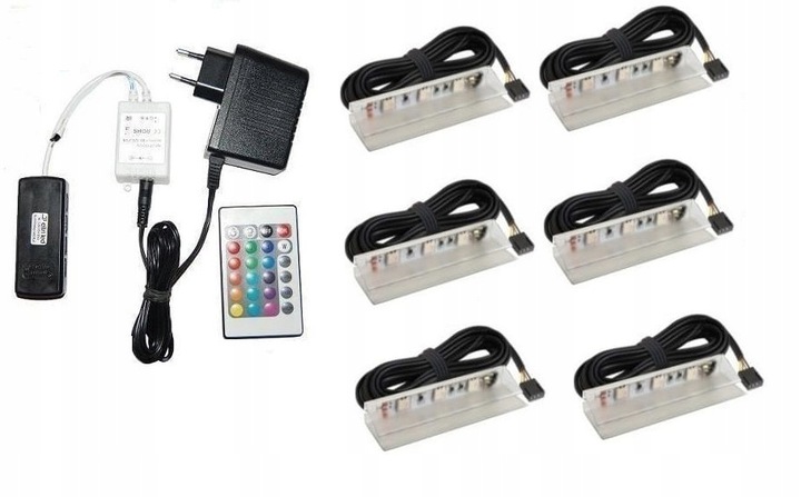 Zestaw LED RGB6xklips PCV do szklanych półek pilot
