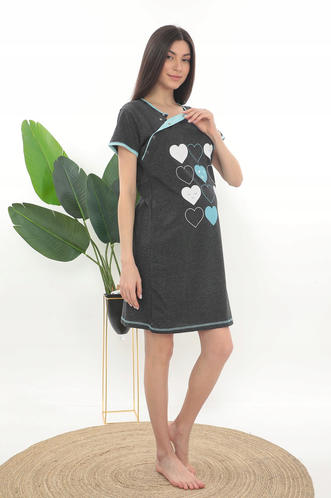 KOSZULA NOCNA CIĄŻOWA DO KARMIENIA BAWEŁNA NAPY SERDUSZKA BAWEŁNA M Kolor szary
