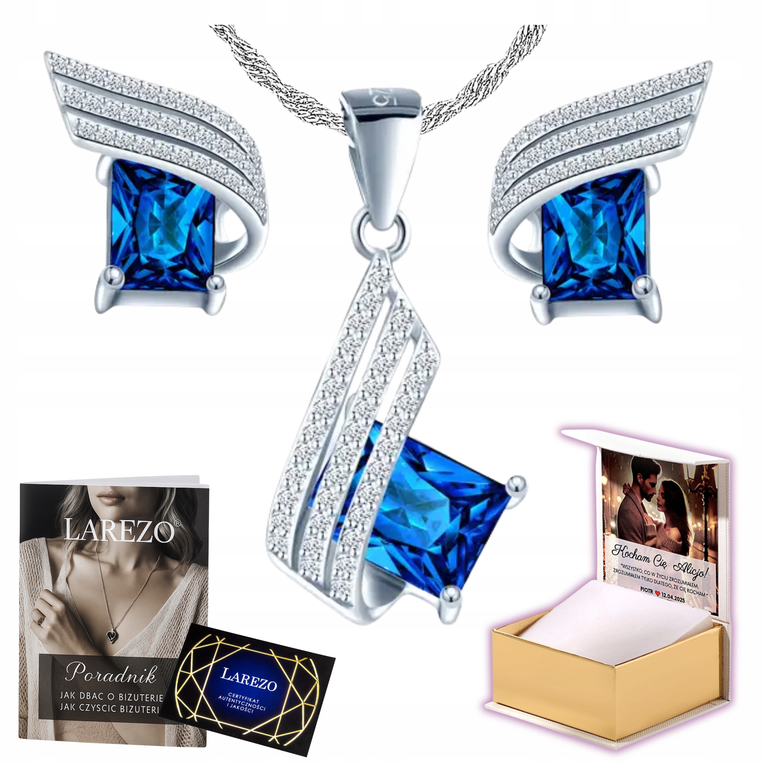 Sada šperků Stříbro 925 čtvercové zirkony safírové krystaly Potisk