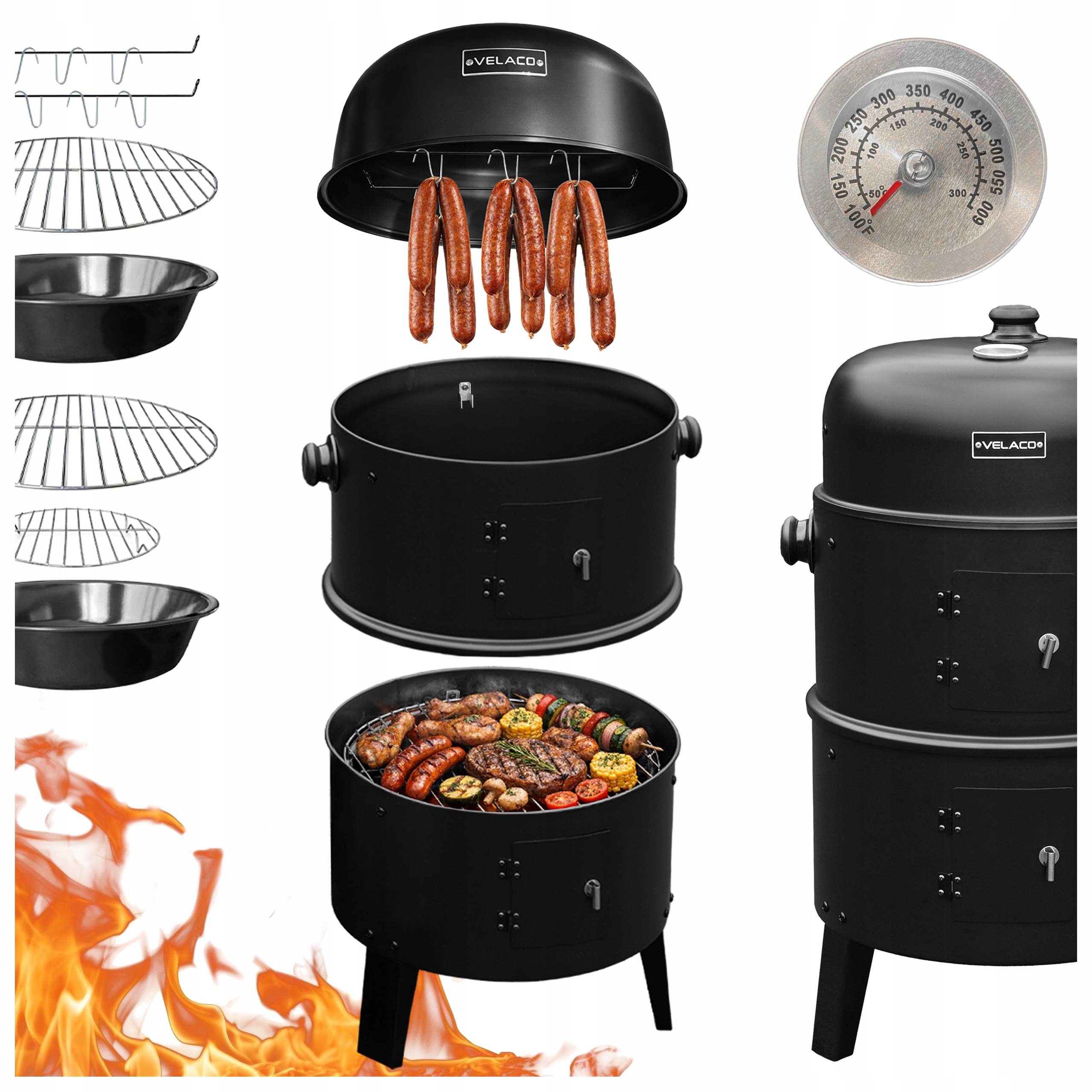 Grill Z Wędzarnią Pokrywą 2 Ruszty Termometr Stalowy Metalowy Tuba Mobilny