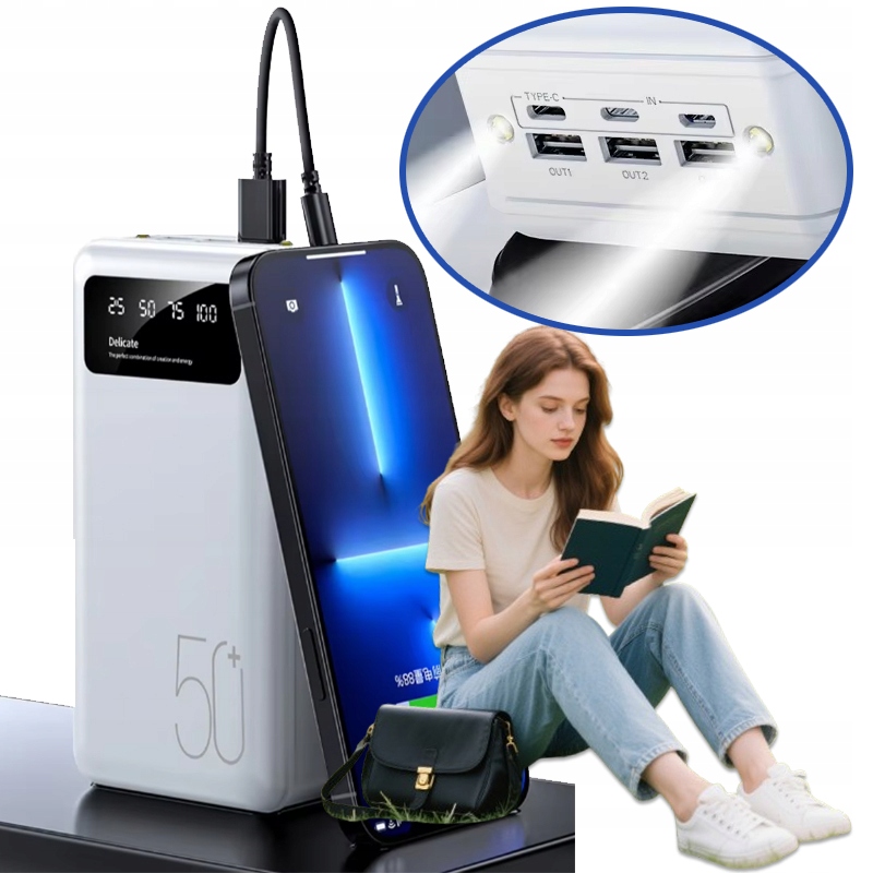 Powerbanka 50000 mAh výkonná Rychlé nabíjení Usb-c Nová bílá