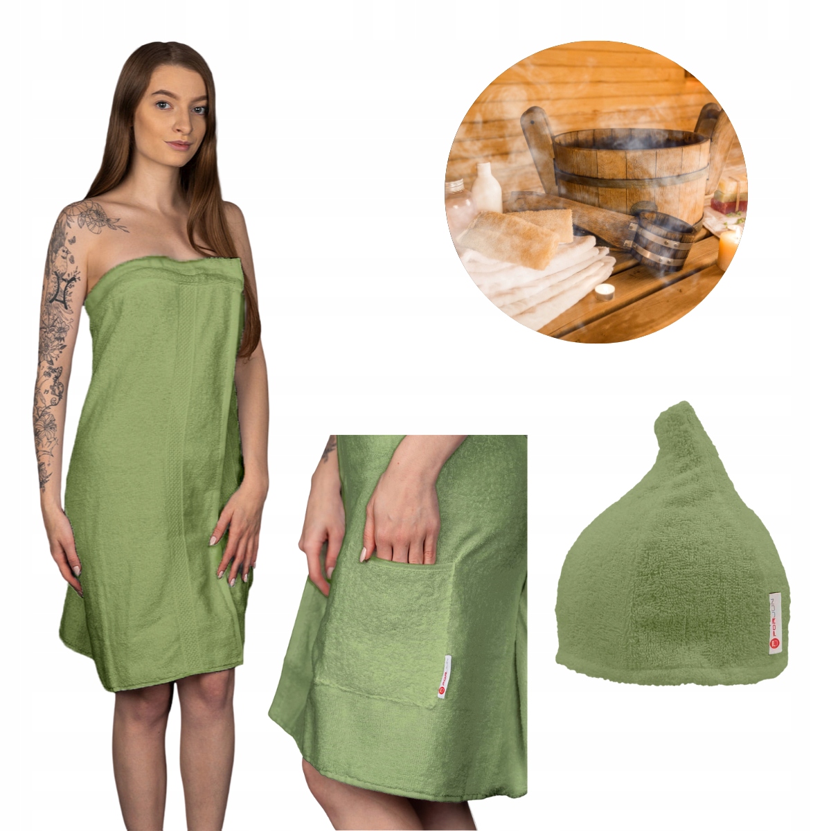 Saunový set Kilt Dámský Copertina Froté Čepice Lingua Zelená Porjun