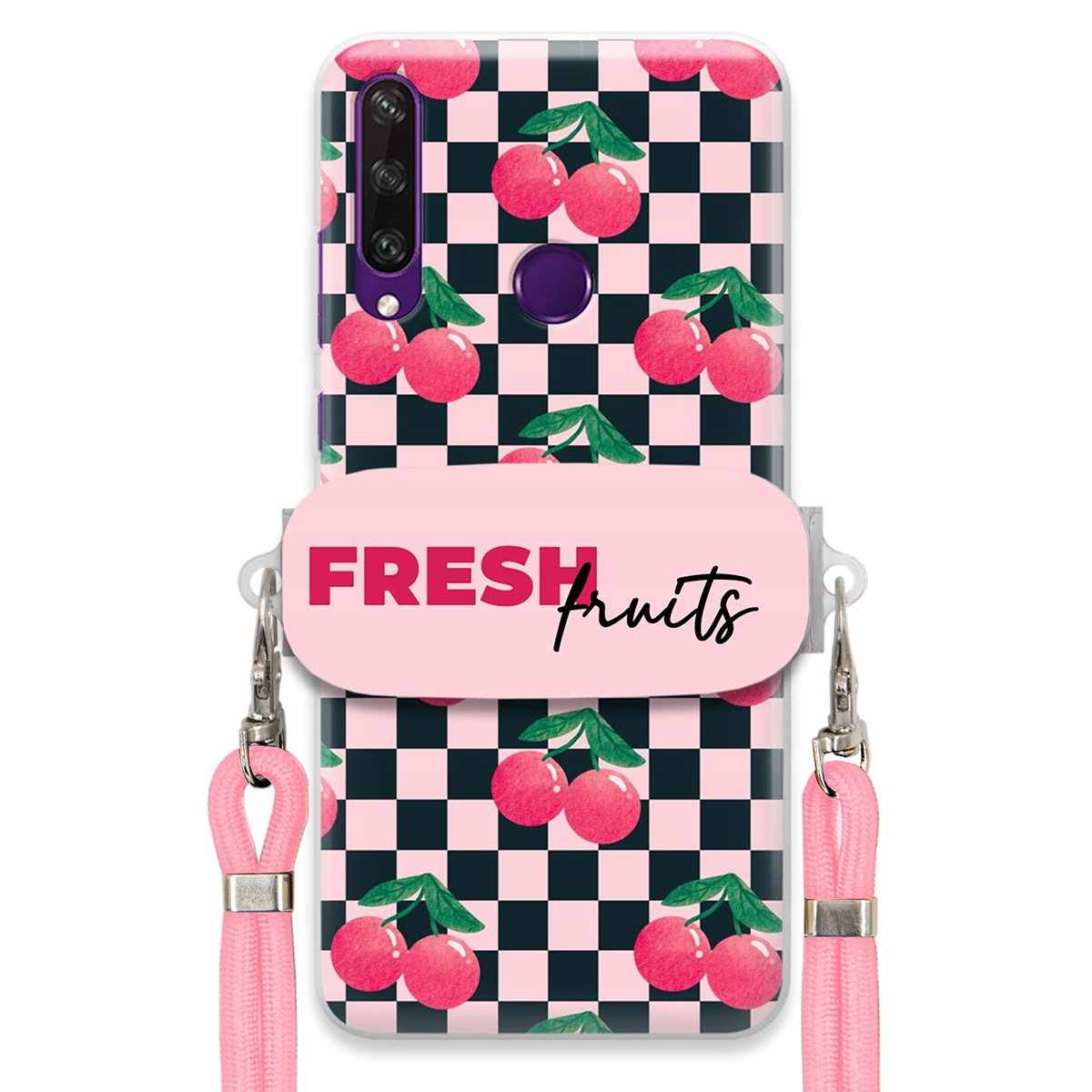 Pouzdro pro Huawei Y6P Vodítko Pink Crossbody Držák Šachovnice Fresh Fruits