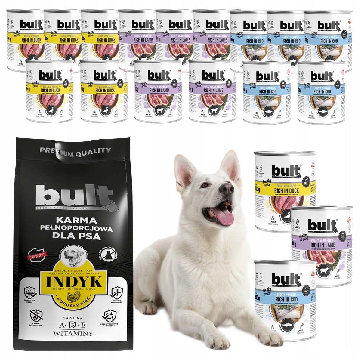 Levně Krmivo Suché s krůtím masem a Mokré pro psa MIX Chutí s jehněčím masem Bult 17,4 kg