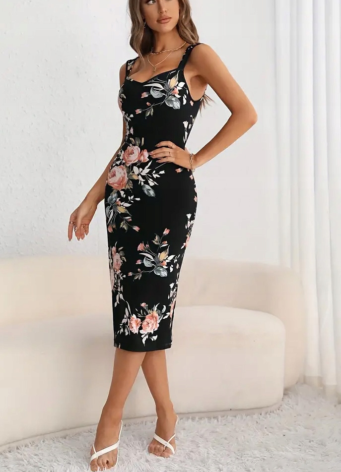 SUKIENKA NA RAMIĄCZKACH NA LATO W KWIATY CZARNA OBCISŁA MIDI L/XL 40 42 M S Kolor czarny