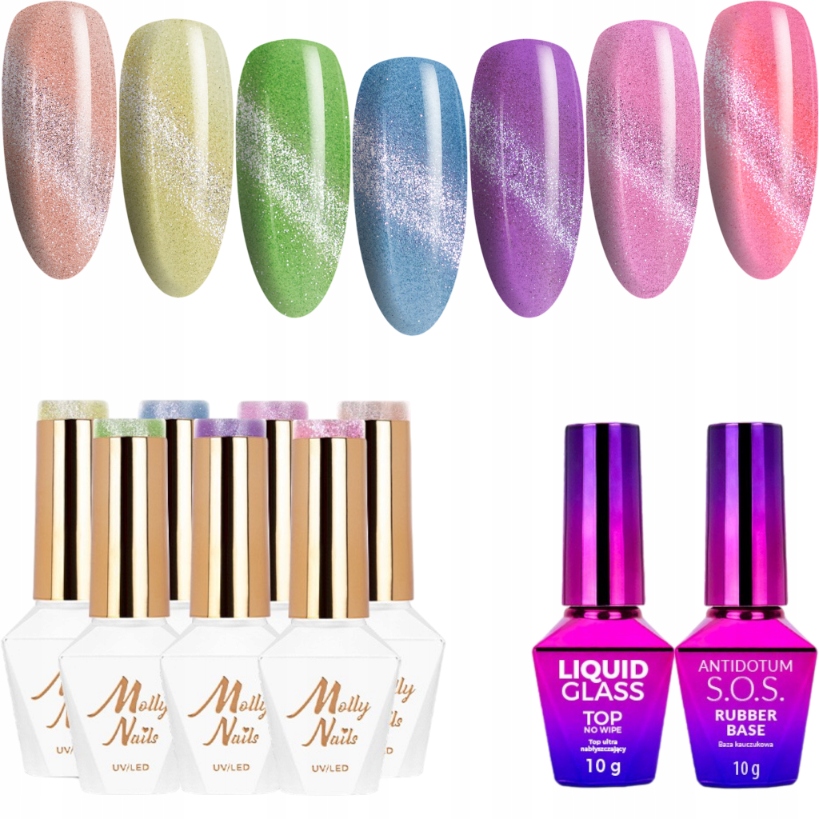 7x Hybridní lak Mollynails 8 g Cat Eye Crystal Water Báze Top Set