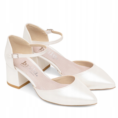 Brilu Polskie Ślubne Perłowe Czółenka Na Słupku Z Paskiem Audrey Ivory 41