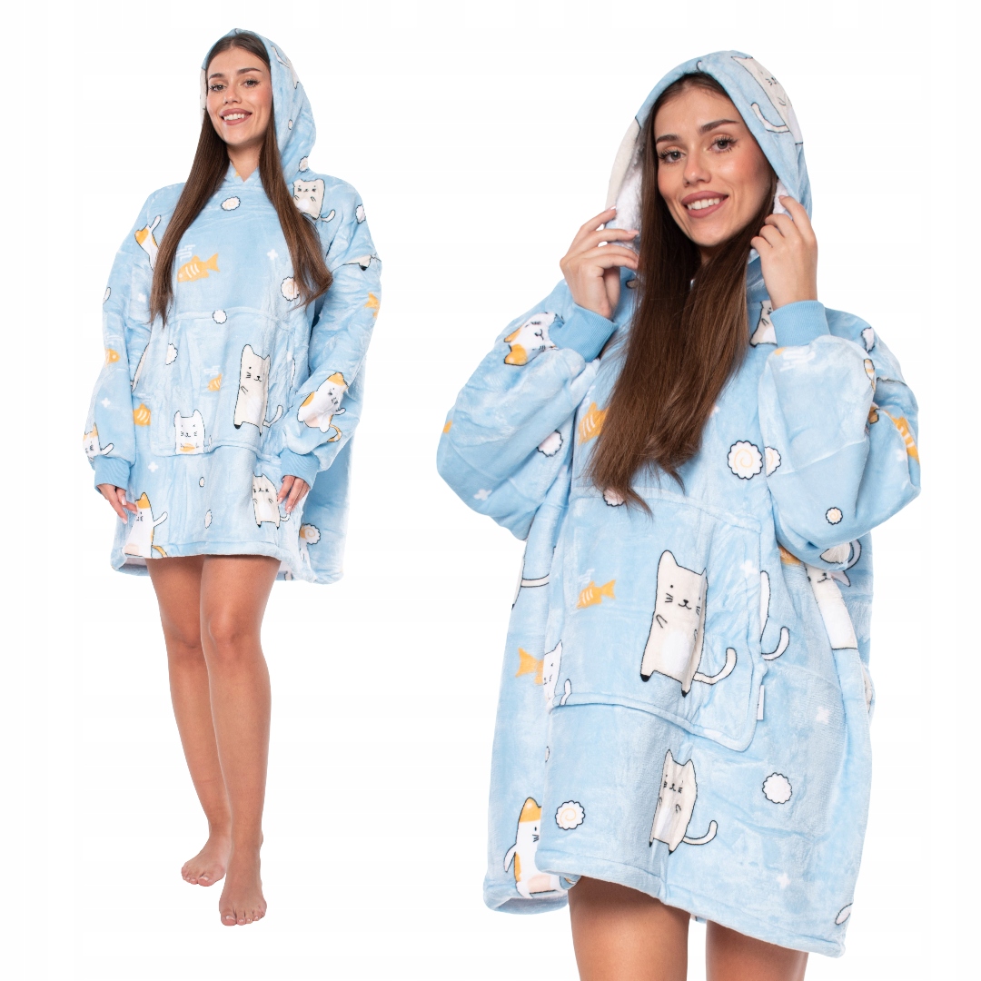 Mikina Deka Mikinová Deka 2v1 Oversize s kapucí Tlustá Sherpa Modrá Kočky