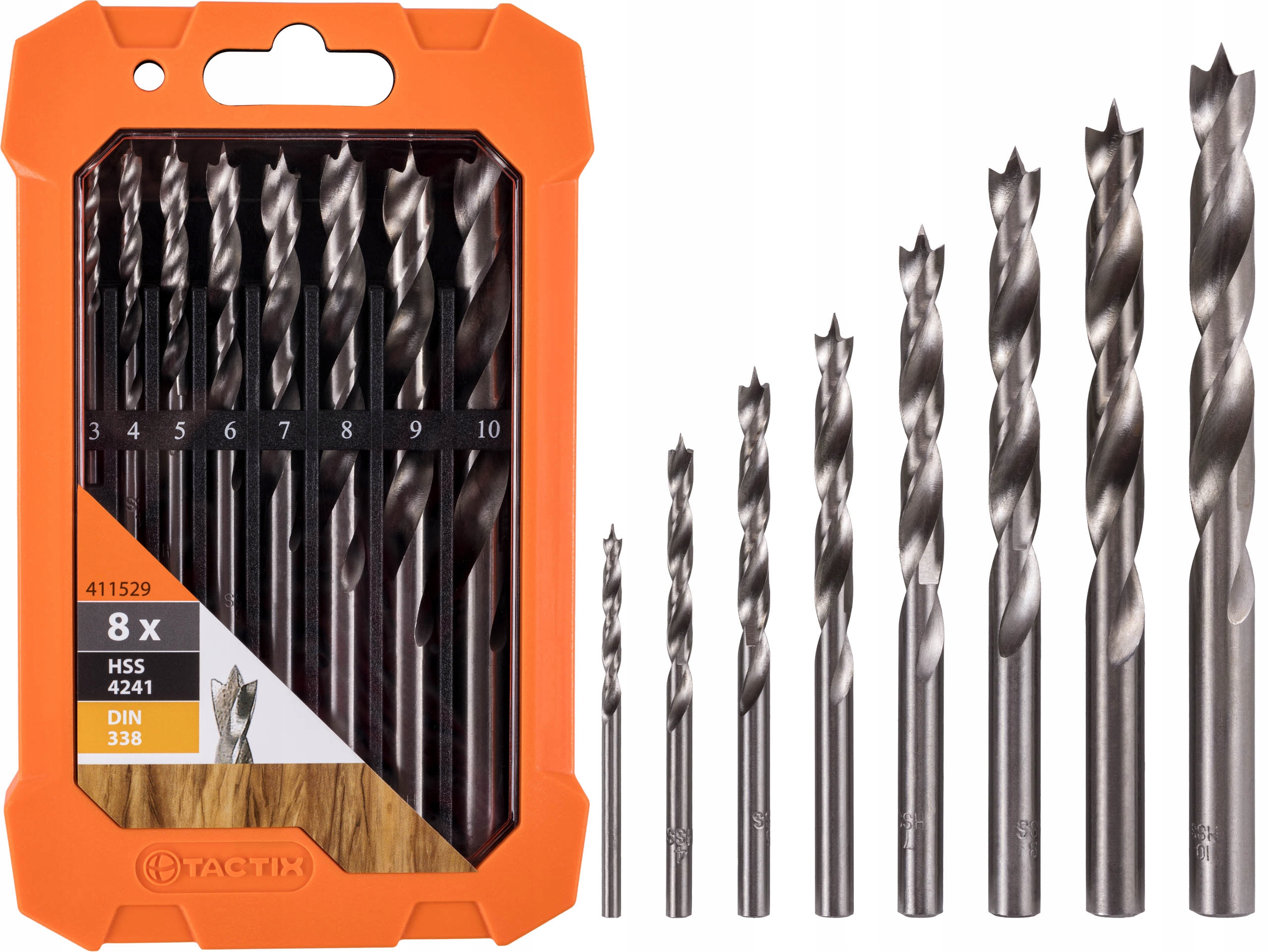 

Zestaw 8 wierteł Hss do drewna Tactix 3-10 mm