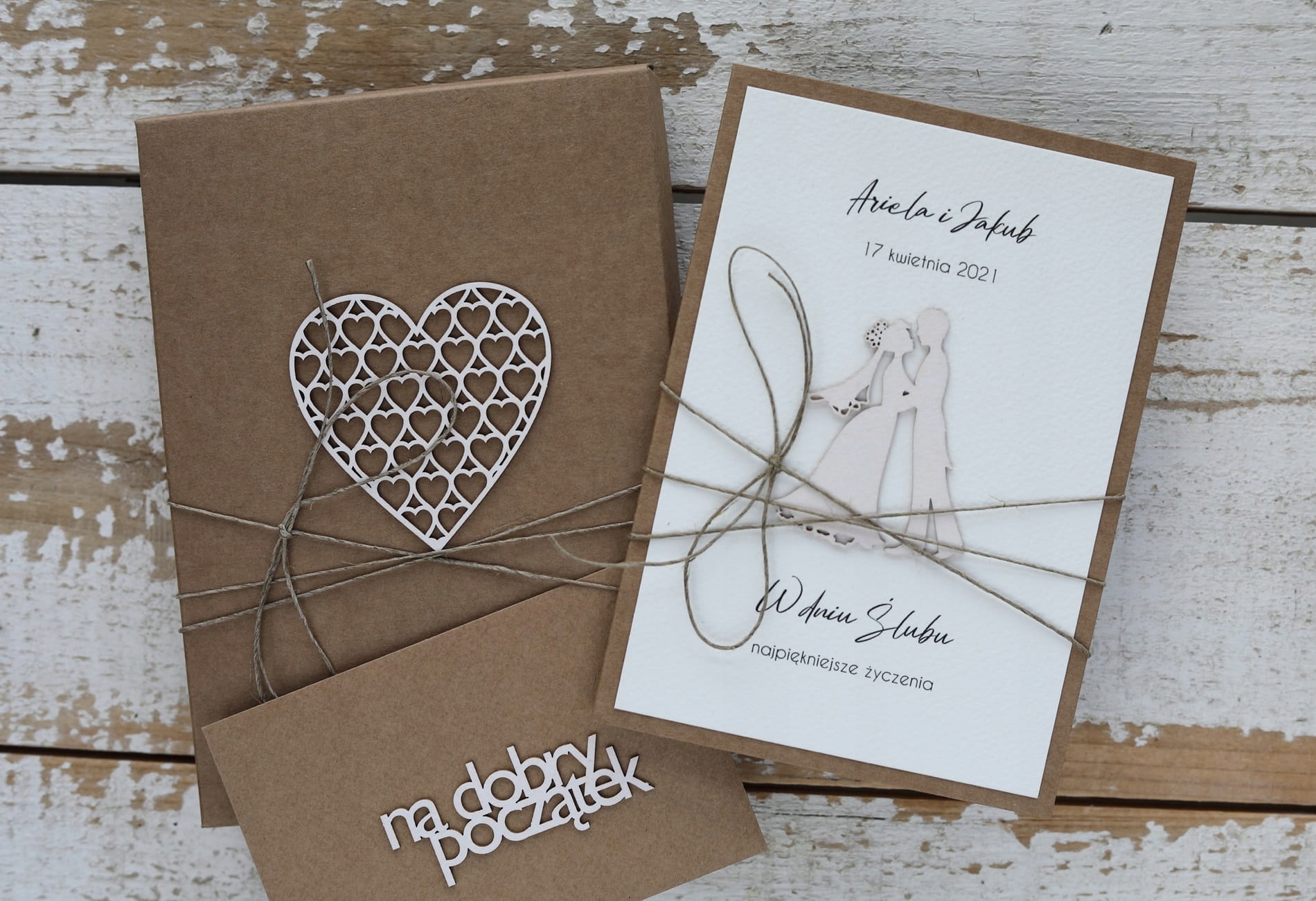 Rustikální svatební přáníčko vyrobené ručně se srdcem