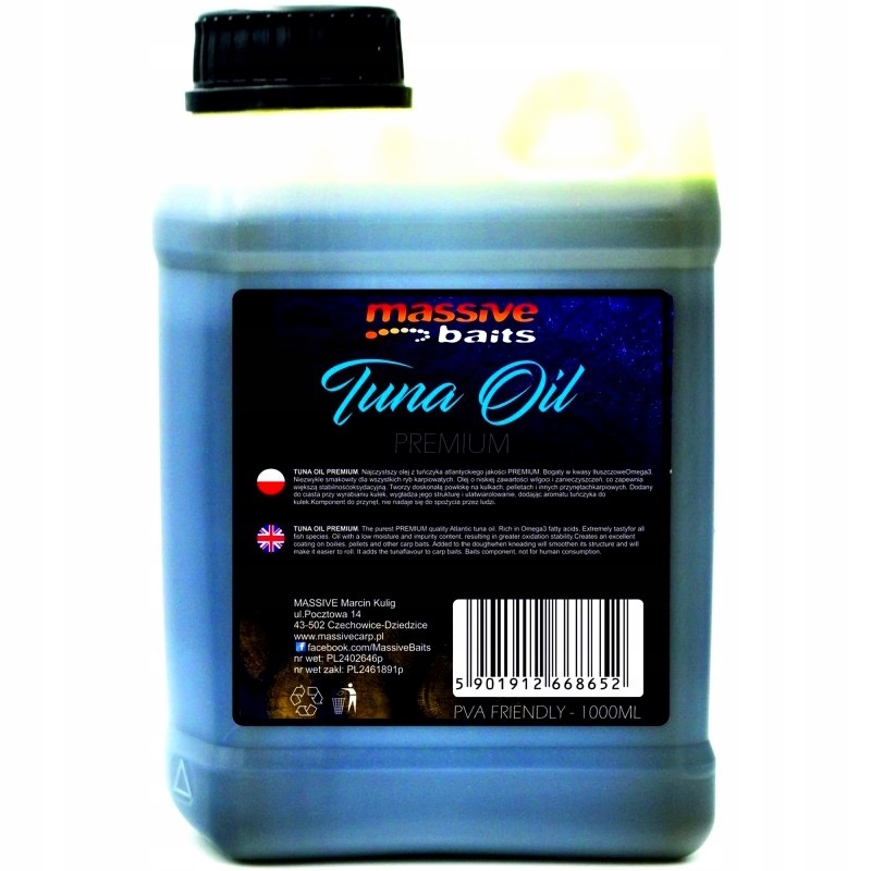 Zalewa Massive Baits Liquids Tuna Oil Premium 1000ml Do Kulek Ziaren Pellet