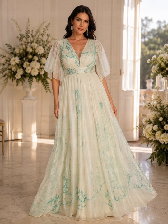 Šaty Maxi Šifonové S Květinovým Vzorem A Výstřihem Do V Elegantní Na Svatební Hostina Velikost 50