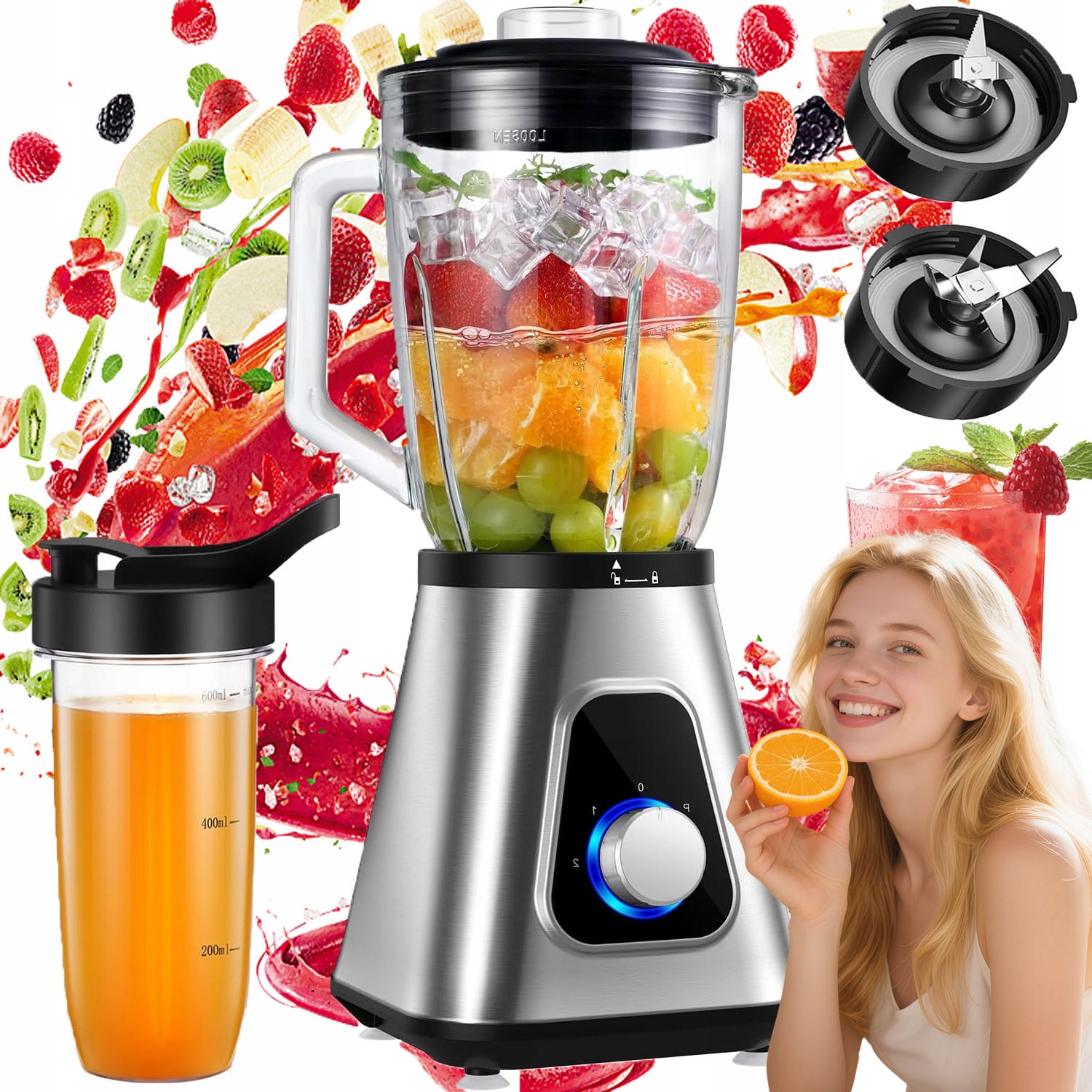 1.5 L Elektrický Mixér Na Ovoce A Led, 1300 W, 3 Rychlosti