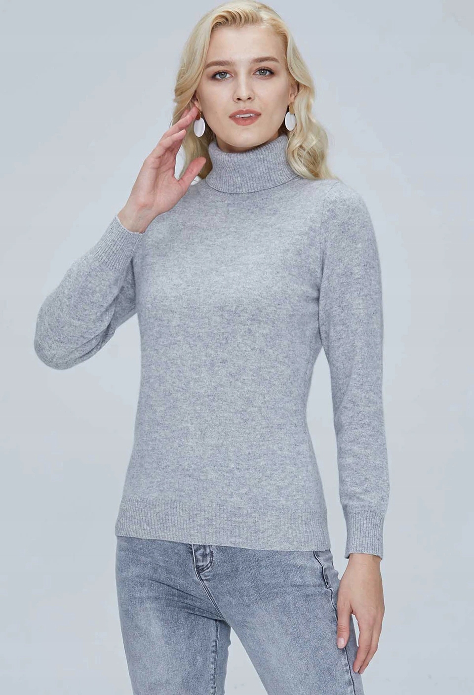 

Sweter Z Golfem Wełniany Wełna Merino Szary M