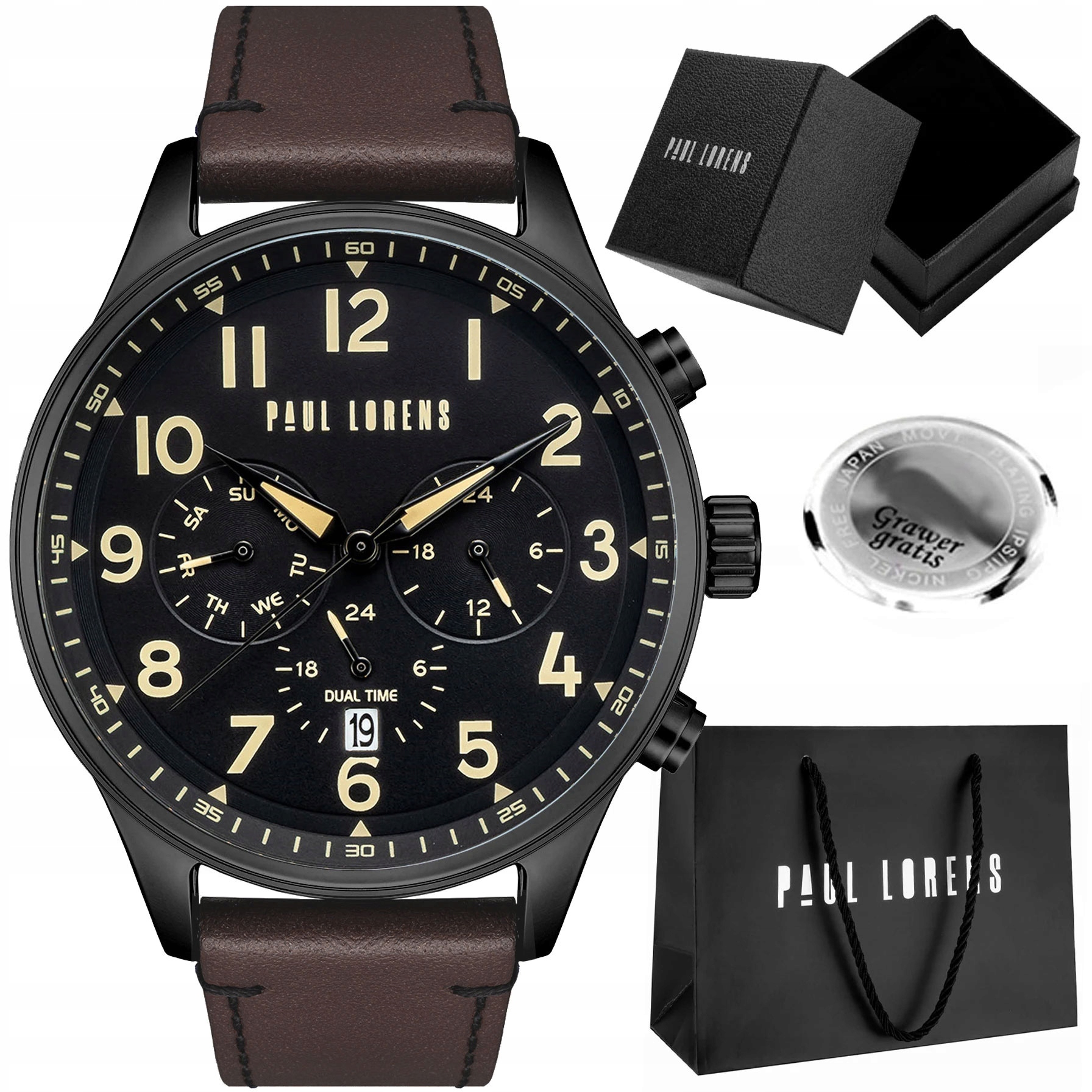 Kožené pánské hodinky Paul Lorens Bayas s datumovkou denní čas Gravírování