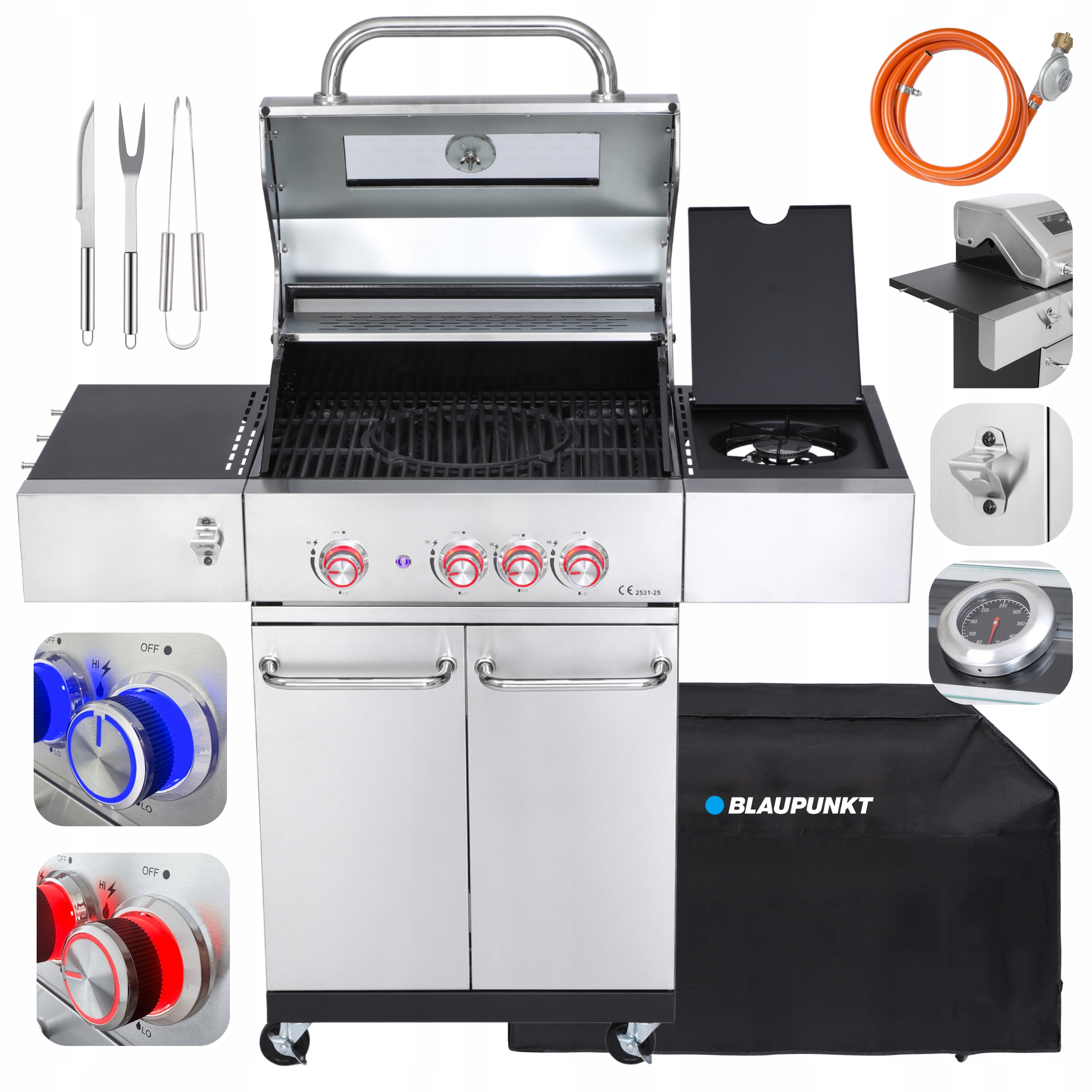 Grill Gazowy 3+1 Led Palników Żeliwny 14,8 kW Pokrowiec Blaupunkt GG321