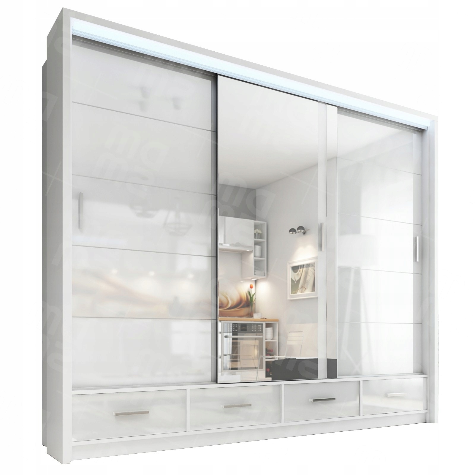 DUŻA BIAŁA SZAFA PRZESUWNA Z LUSTREM GARDEROBA SYCYLIA 250 CM + LED GRATIS!