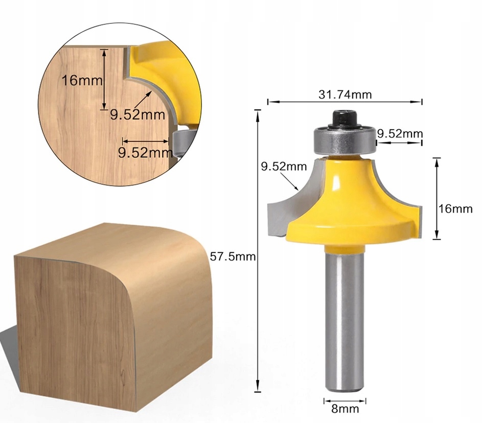 FREZ DO ZAOKRĄGLANIA KRAWĘDZI Fi 8mm R 9,52 mm