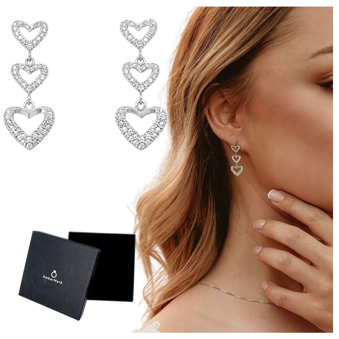 Náušnice srdce se stříbrnými zirkony ryzosti 925, visící na tyči srdíčka
