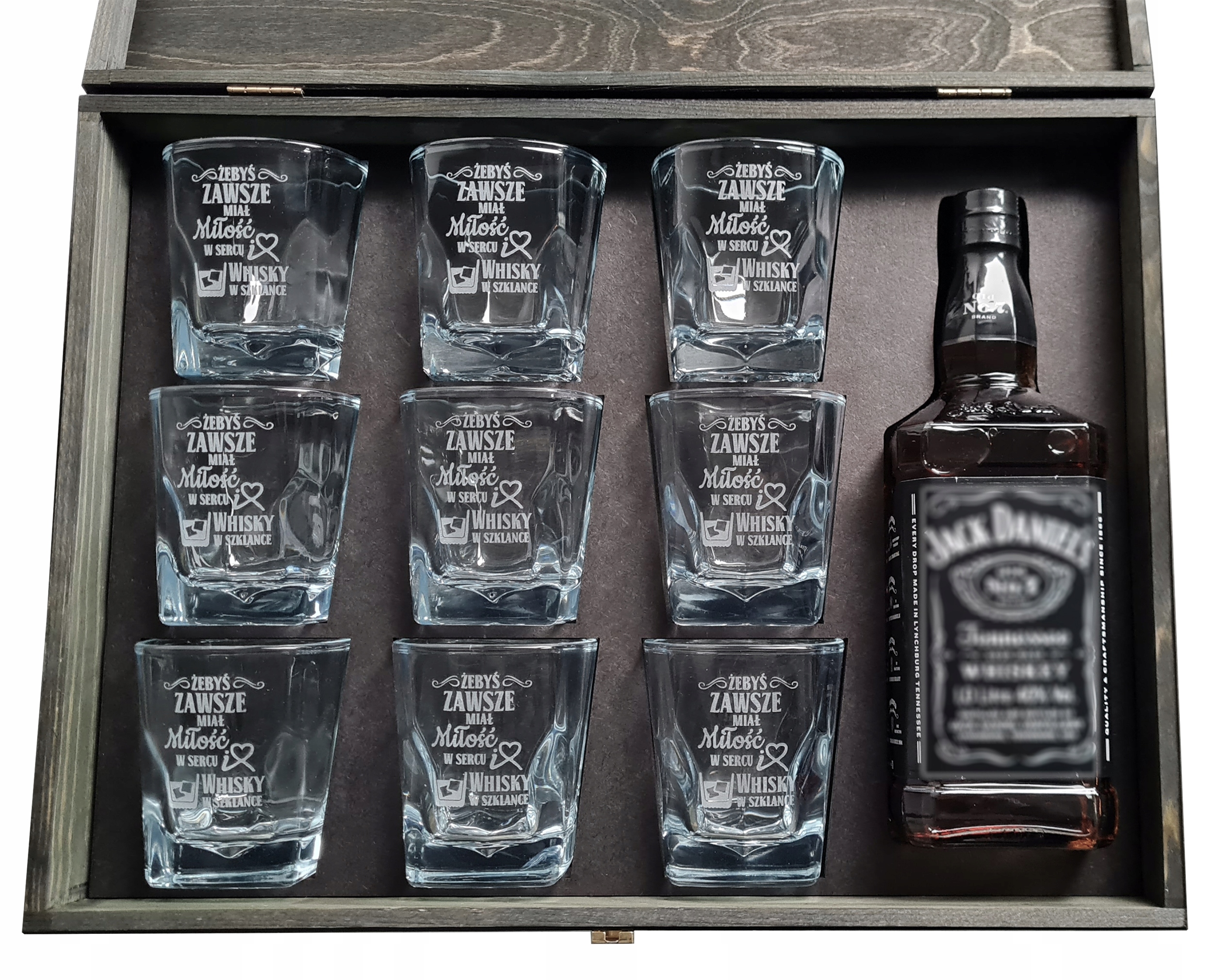 Jack Daniel's Sada Na Whisky 9 Sklenic V Černé Dřevěné Krabičce