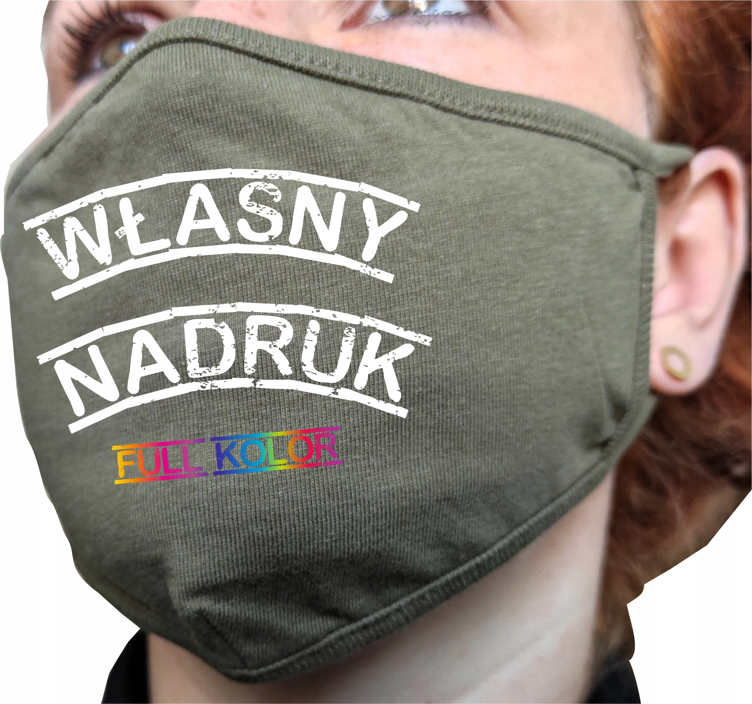 

Maseczka w kolorze oliwki z własnym nadrukiem