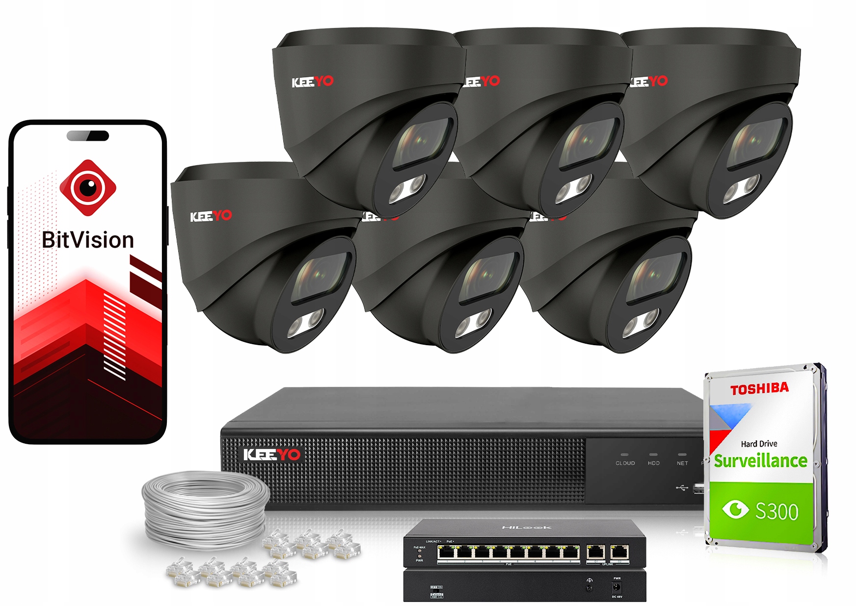 Sada pro Ip monitorování Keeyo 6x LV-V-IP5M25DF-G-II 5Mpx Ir 25 m Audio
