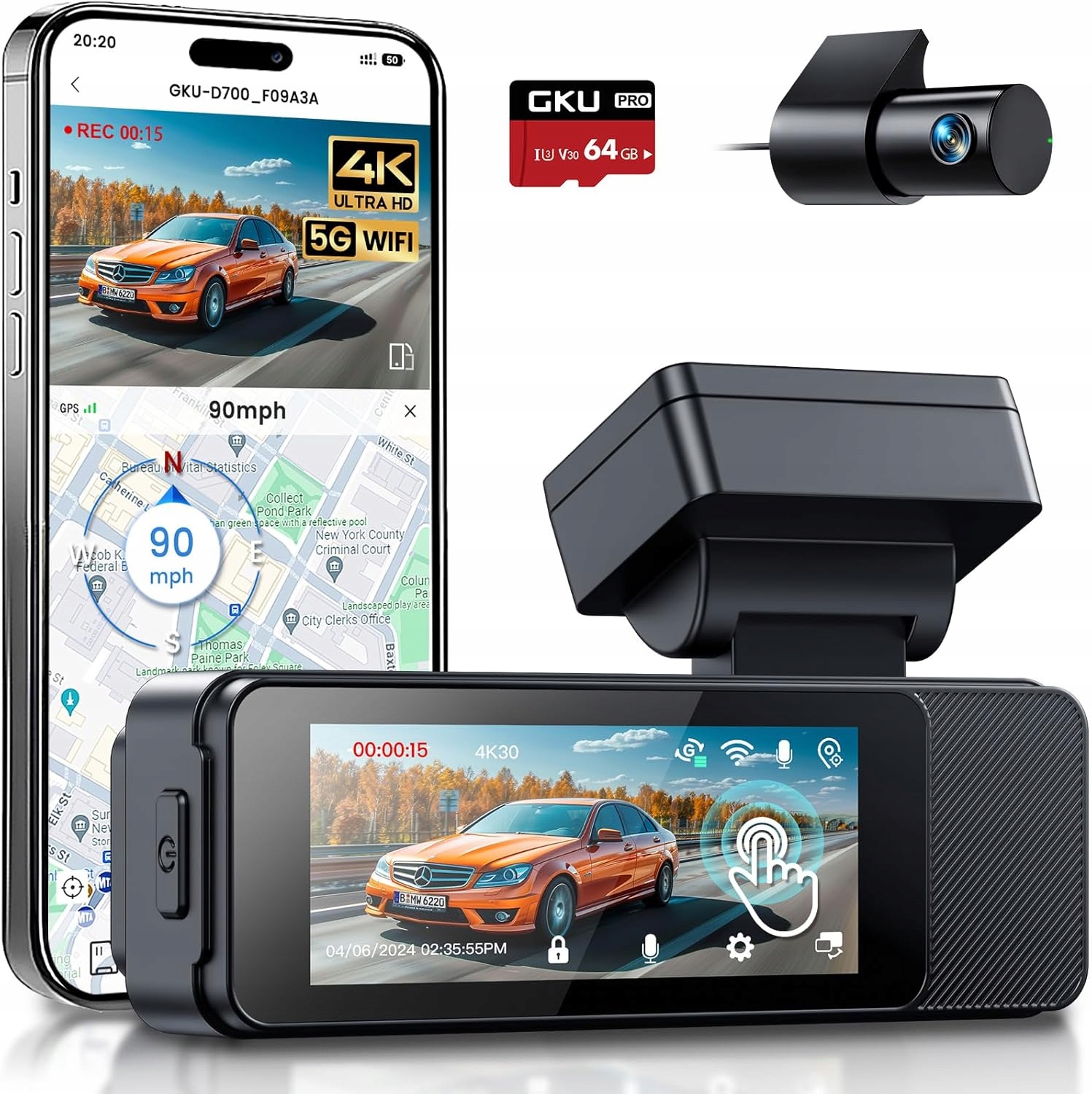 Gku D700 Kamera samochodowa przód i tył 4K/2,5K karta Sd 64 Gb Gps 5G