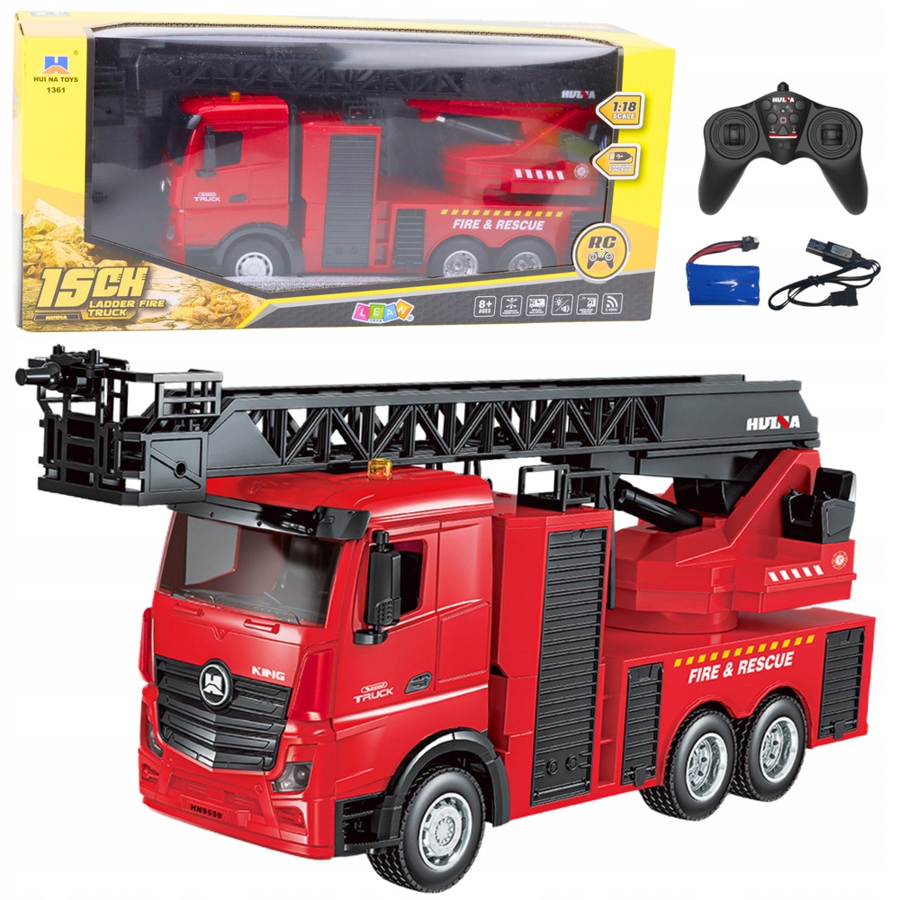 Zdalnie sterowany wóz strażacki z drabiną. 1:18 Lean Toys